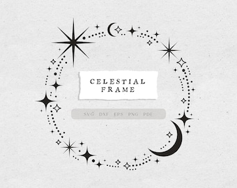 Celestial circle frame SVG, Moon and stars magical frame CLIPART, Celestial wedding frame invitation PRINTABLE, Moon svg files for cricut