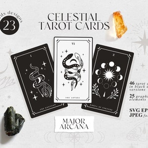 Carte dei Tarocchi celesti SVG, Tarocchi di base delle streghe in formato SVG, Mazzo di tarocchi unico, Arcani maggiori in formato SVG, clipart mistica moderna delle streghe PNG, Luna e stelle