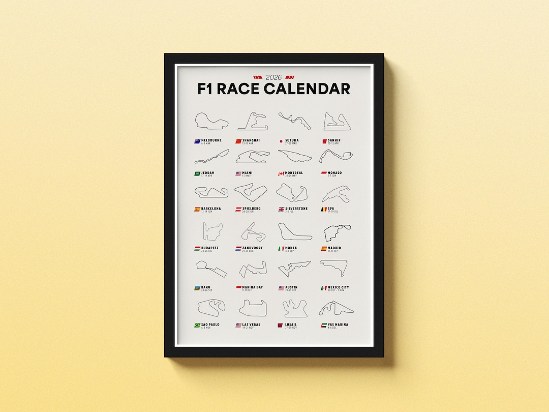 F1 2026 Race Calendar Poster | All 24 Grand Prix Circuits — A3/A4