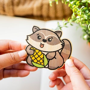 Raccoon and Corn Bamboo Sticker I Kawaii Wood Sticker I Sustainable Kawaii Art Sticker I For Tote bags - Hydroflasks - Journals