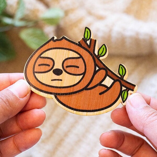 Cute Eco Friendly Sleepy Hanging Sloth Bamboo Sticker I Sustainable Bamboo Specialty Gift I For Tote bags - Hydroflasks - Journals