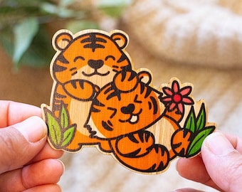 Cute Eco Friendly Silly Tigers Bamboo Sticker I Sustainable Bamboo Specialty Gift I For Tote bags - Hydroflasks - Journals