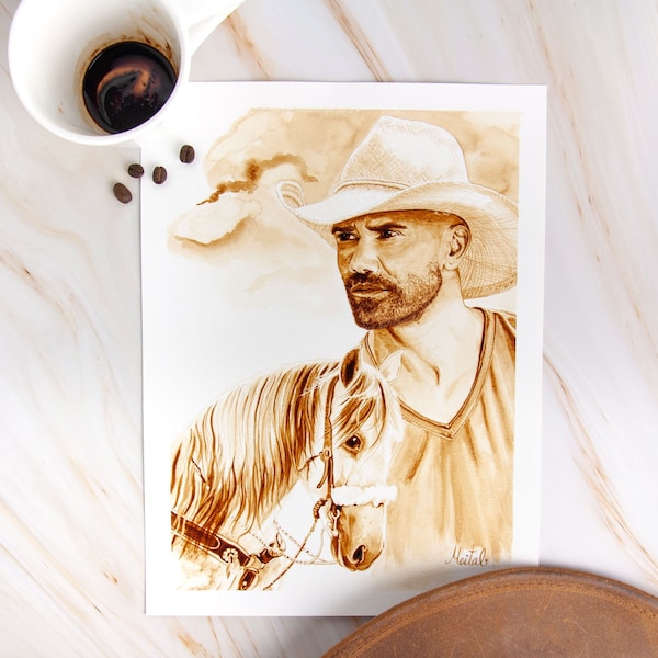 Shemar Moore poster, Father in law gift, Mexican art print, wild west art, Cowboy poster, Western art, horse painting, Coffee painting, SWAT