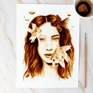 Cuadro de café con hada de peces dorados: Impresión artística submarina moderna, póster de peces