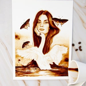 Coffee Swan Print: Butterfly Surreal Art Poster