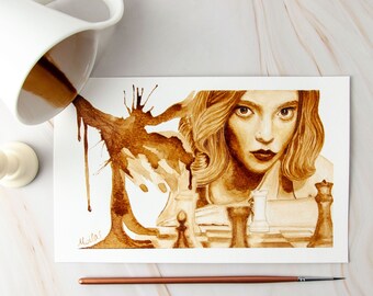 Beth Harmon Coffee Painting Print: The Queen&#39;s Gambit Chess Art