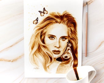 Adele Coffee Painting Art Print: Celebrity Portrait, Fox Lover Gift
