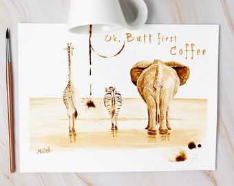 Butt First Coffee Print: Funny Animal Art, Coffee Bar Decor