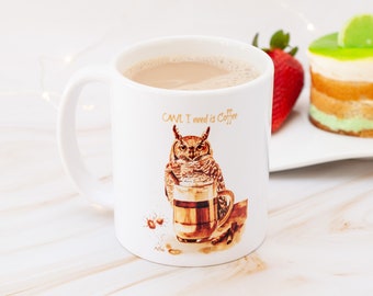 Owl coffee Mug, Cool coffee mugs, 11oz Ceramic coffee cup, Owl Artwork,  Barn owl, cool owl cup, owl themed gifts, Funny coffee mug