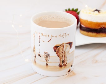 Elephant Ceramic Coffee Mug: &#39;OK Butt First Coffee&#39; - Funny Bar Decor