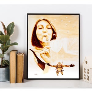 Stampa di tarassaco, decorazione di tarassaco, regalo per paracadutisti, regalo per paracadutisti, dipinto di tarassaco surrealista, decorazione per postazione caffè, stampa d'arte femminista