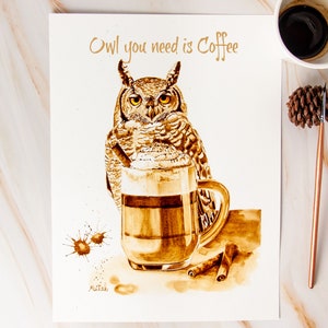 Impresión artística de búho y café: pintura surrealista de animales, decoración de cafetería