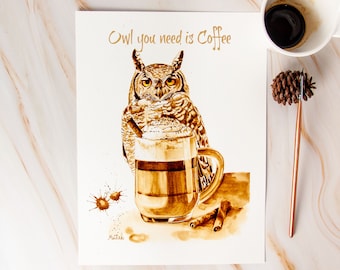 Coffee bar decor, Owl gifts, Owl art print, Coffee painting, Surreal animal art, Coffee cup wall art, College student gift,Coffee shop decor