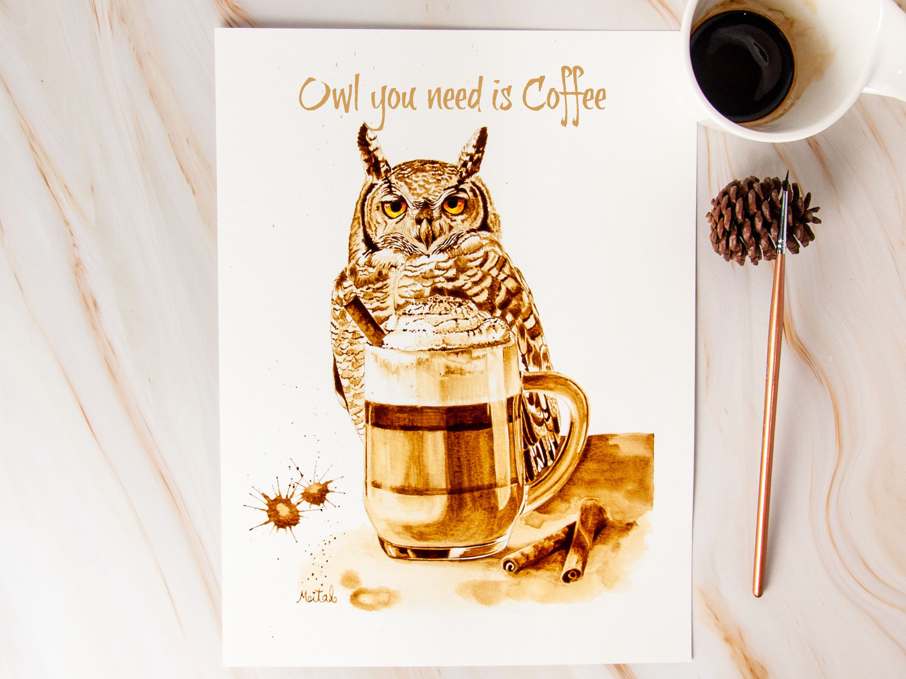 Owl Coffee Art Print: Surreal Animal Painting, Coffee Bar Decor