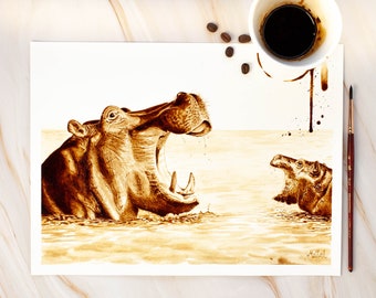 Hippo Print, Hippo gift, Hippo art, Coffee bar sign, Hippo baby shower, Coffee bar decor, Coffee painting, Baby animal prints, wow art