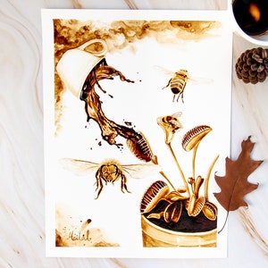 Impresión artística de abeja y atrapamoscas Venus: Pintura de café para decorar la cocina