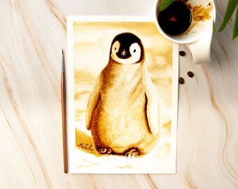 Baby Penguin Coffee Painting Print: Neutral Nursery Decor