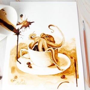 Octopus wall art, Octopus print, Octopus decor, Octopus painting, Coffee painting, Octopus Art, Coffee bean art, Coffee poster, home theater image 1