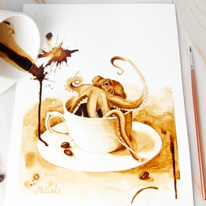 Octopus wall art, Octopus print, Octopus decor, Octopus painting, Coffee painting, Octopus Art, Coffee bean art, Coffee poster, home theater