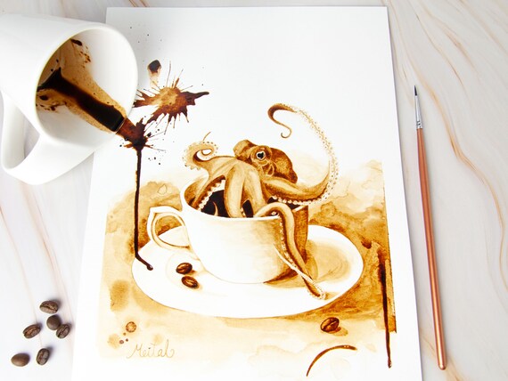 Octopus wall art, Octopus print, Octopus decor, Octopus painting, Coffee painting, Octopus Art, Coffee bean art, Coffee poster, home theater