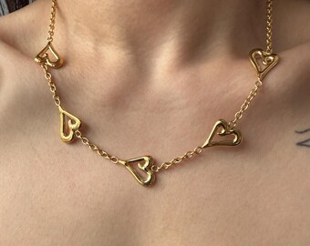 Gold Heart Necklace, Molten Heart Charms Necklace, hearts chain necklace, Chunky Liquid Metal Choker, Coquette Aesthetic, Gift for Her