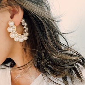 Pearl hoop earrings for women, chunky hoops, Statement Pearl Earrings