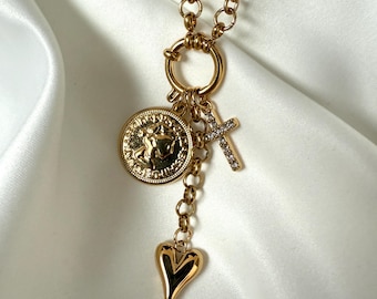 Heart Necklace,  Multi-Charm Cross Necklace, Coin pendnant necklace, Gold Carabiner Neckkace, Stainless Steel multi charm necklace