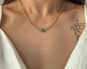 Minimalist Green Aventurine Necklace, Gold Beaded Necklace, Gemstone Chain Choker, Waterproof Stainless Steel, Dainty Crystal Jewelry Gift