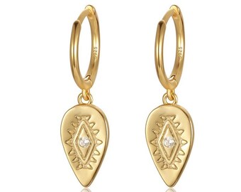 Evil Eye earrings for women * gold huggie hoop earrings for women * dangle earrings *925 sterling silver jewelry * boho  Aztec earrings |