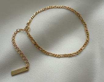 14K Gold Plated Figaro Bracelet: 925 Sterling Silver Adjustable Chain