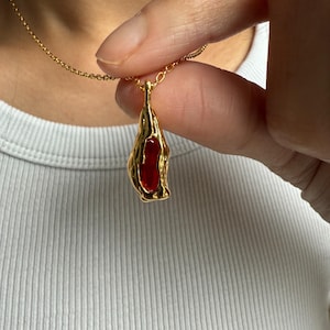 Könnte beinhalten: Eine goldfarbene Halskette mit Anhänger, die einen einzigartigen, organisch geformten Anhänger mit einem leuchtend roten Zentrum aufweist. Der Anhänger hängt an einer zarten Goldkette. Die Halskette wird vor einem hellen Hintergrund präsentiert.