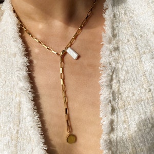 Freshwater pearl pendant link chain necklace - 18K gold plated Stainless steel