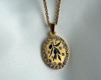 Olive Zweig Blatt Halskette, botanische Pflanze Halskette, Blumen Anhänger, 18K vergoldet 316L Halskette, zierliche Medaillon, Geschenk für sie