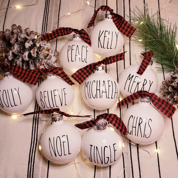 Farmhouse Style Rustic Christmas Ornaments| Buffalo Plaid| White Ornaments| Round Christmas Ornaments| Personalized Ornaments| Custom Gift