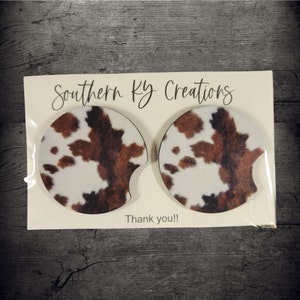Cow Print Car Coasters| Neoprene Round Car Coasters| Car Accessories| Cowhide Coasters| Cow Print Cup Coaster