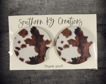 Cow Print Car Coasters| Neoprene Round Car Coasters| Car Accessories| Cowhide Coasters| Cow Print Cup Coaster