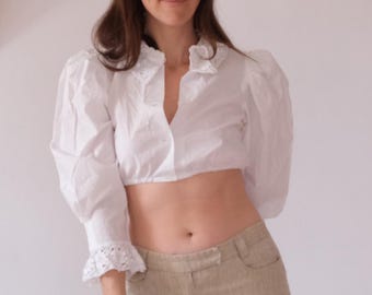 Vintage White Cotton Dirndl Crop Shirt