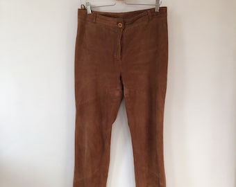Vintage Brown Real Suede Pants Women's Trousers
