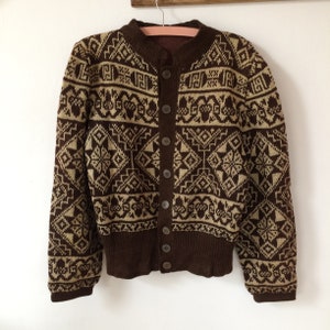Vintage wollen bruin handgebreid vest Scandinavische trui met geometrisch motief
