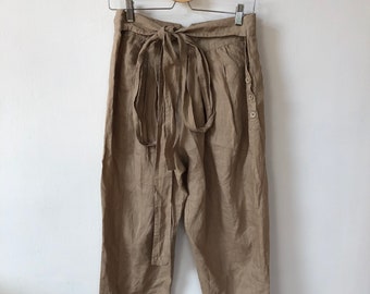 Vintage bruin linnen hoge taille broek