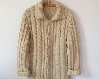 Vintage Wolle Strickmantel Coatigan Beige Folklore Strickjacke