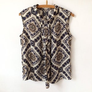 Vintage Floral Print Silk Sleeveless Blouse Top