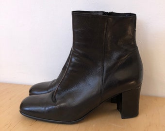 Vintage Black Leather Ankle Heel Boots Size EU38.5 US 8