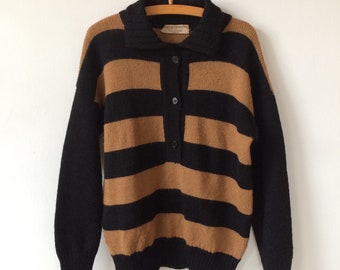 Vintage Wool Striped Knitted Pullover Collared Sweater