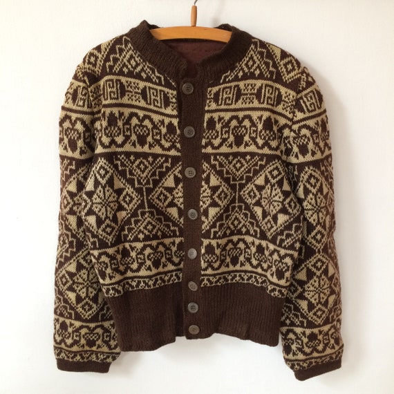 Vintage Wool Brown Handknitted Cardigan Geometric… - image 7
