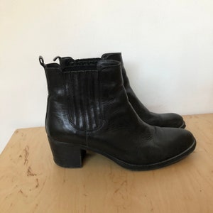 Vintage Black Real Leather Ankle Boots Pull on Heel Boots