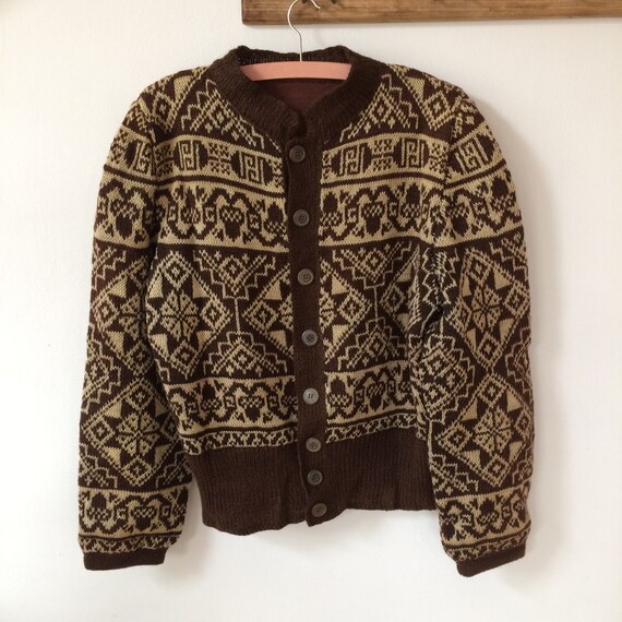 Vintage Wool Brown Handknitted Cardigan Geometric… - image 2