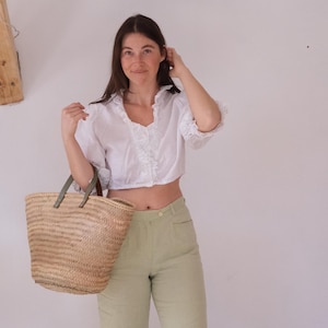 Vintage weißes Baumwoll-Spitzen-Crop Top Shirt mit Puffärmel