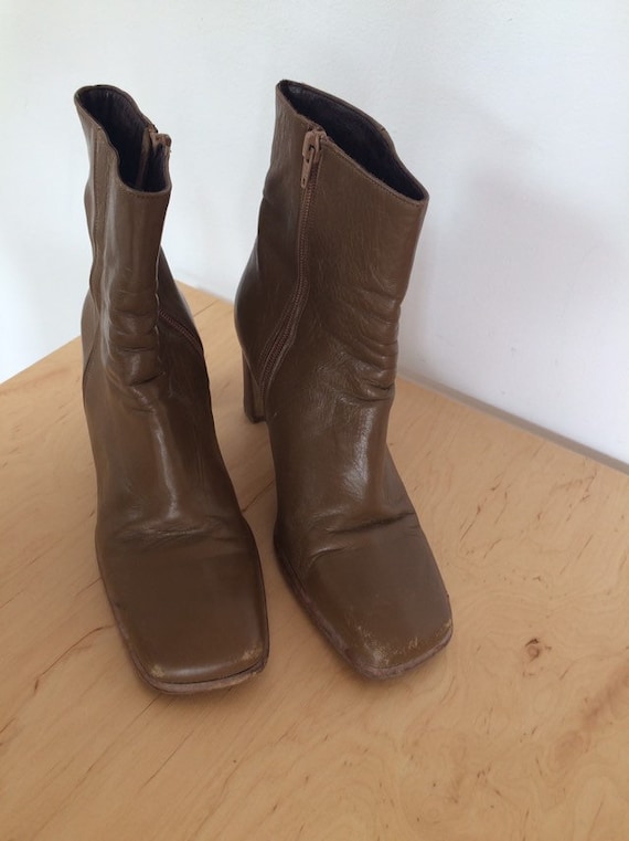 Vintage Brown Leather Square Toe Ankle Boots - image 2