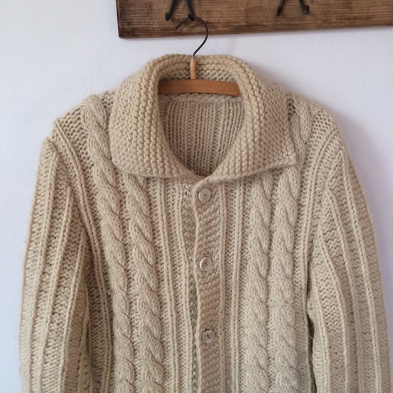 Vintage Wool Knitted Coat Coatigan Beige knit car… - image 5